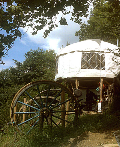 View of a yurte through the woods