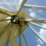 Looking up at the windows in the big tipi, and at the 'drippers' for the drip strip
