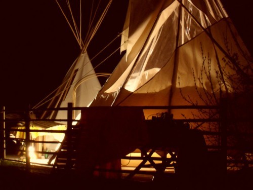 both lodges lit up at night